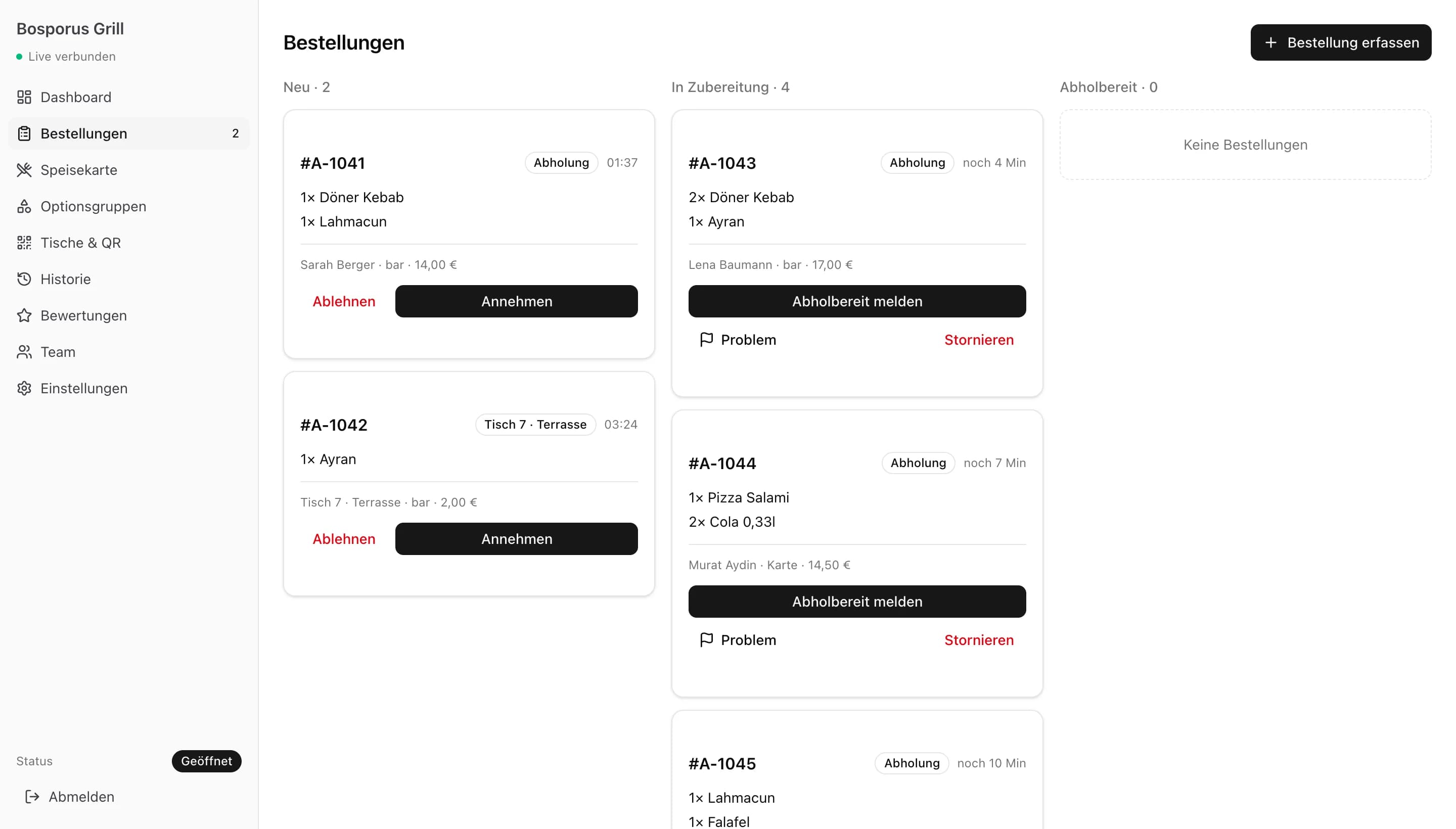 Live-Board mit neuen Bestellungen, Tischbestellung und Spalten für Zubereitung