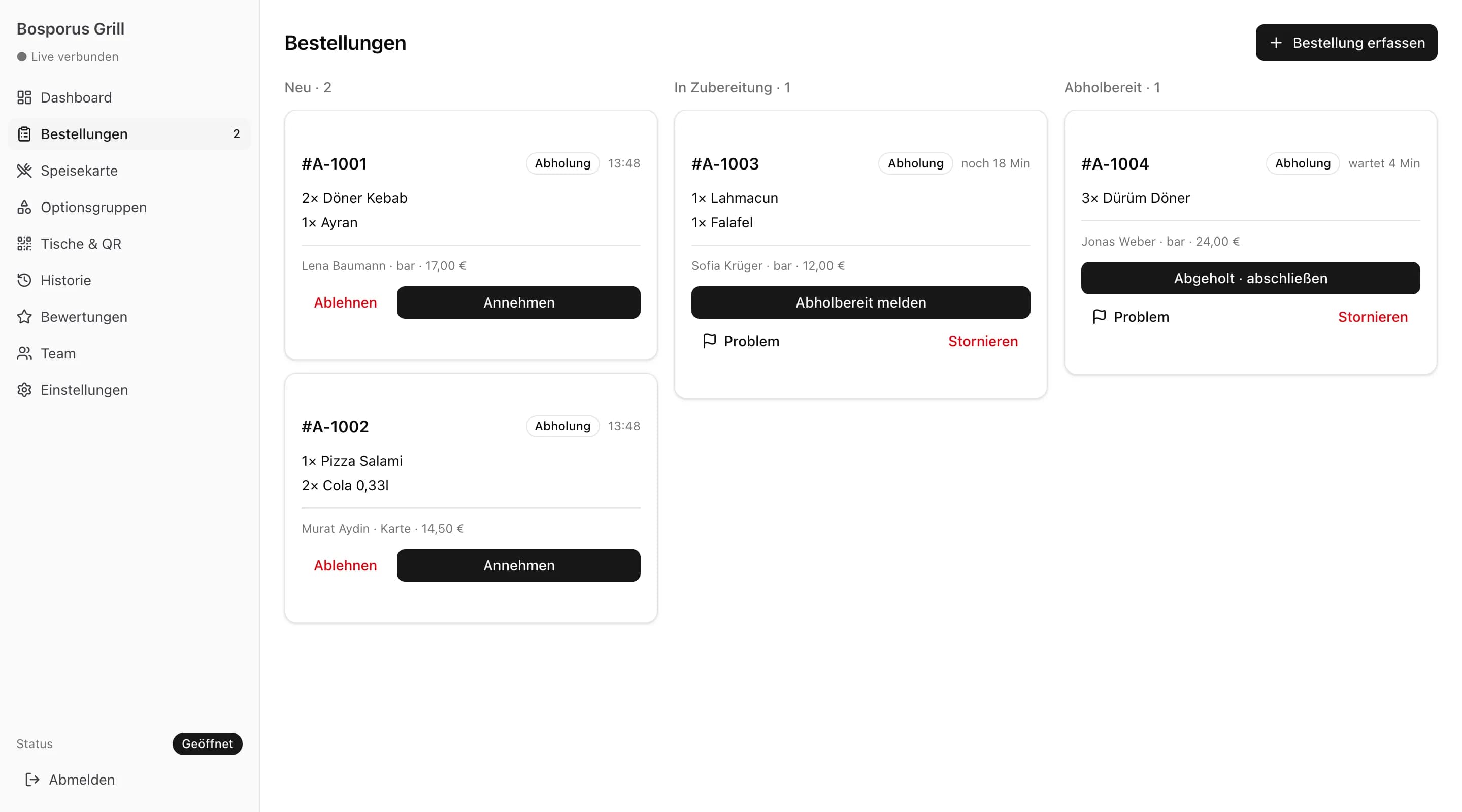 Live-Bestellboard mit Spalten Neu, In Zubereitung und Abholbereit