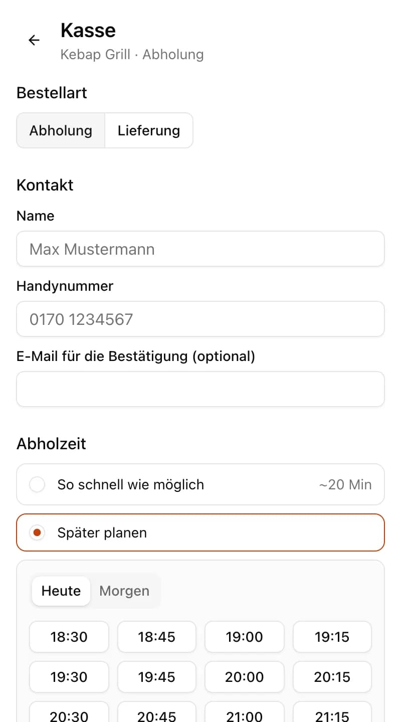 Kasse mit Abholzeit, Zahlungsart und Anmerkung