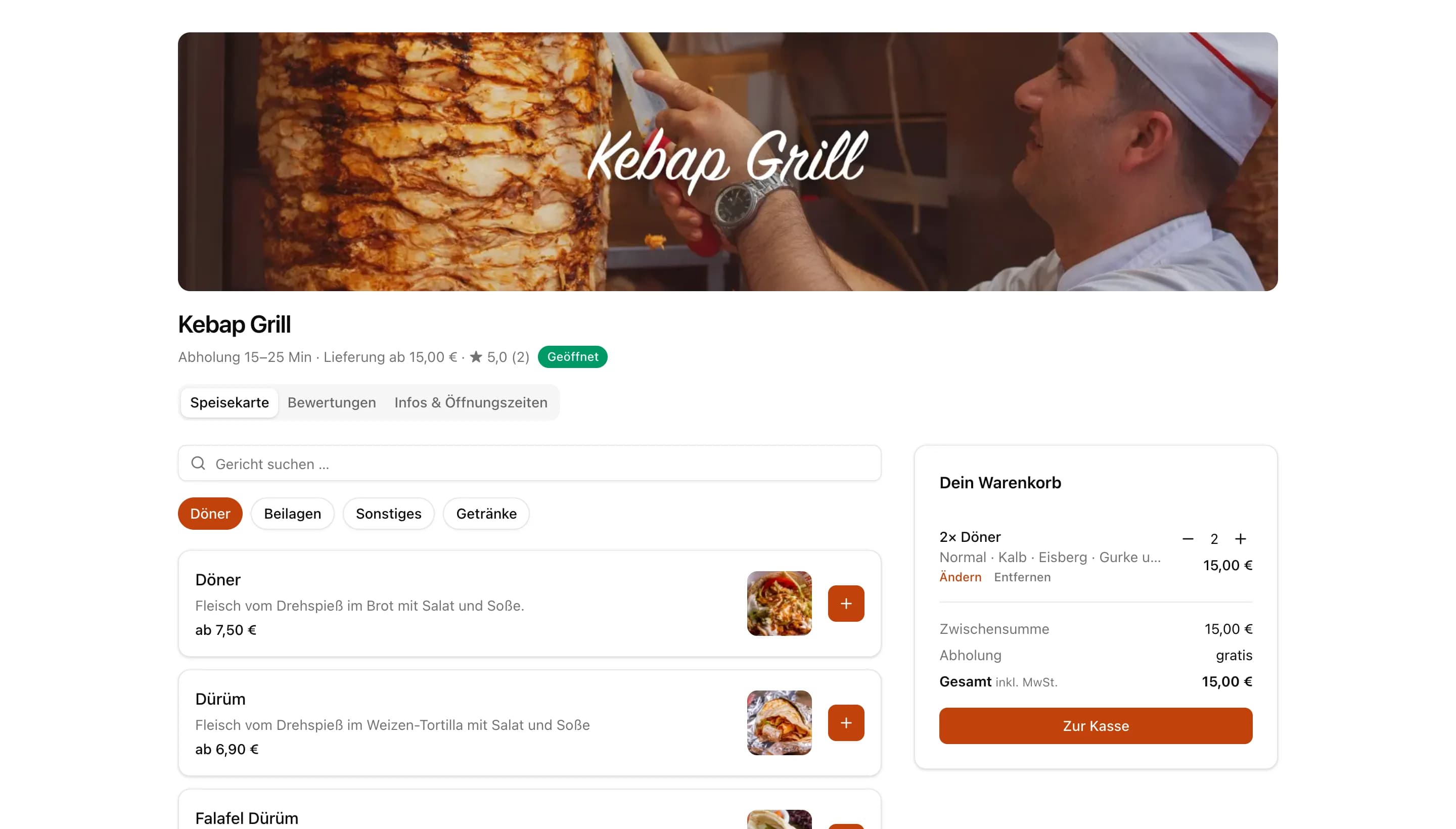 Bestellseite von Kebap Grill mit Speisekarte, Fotos und gefülltem Warenkorb
