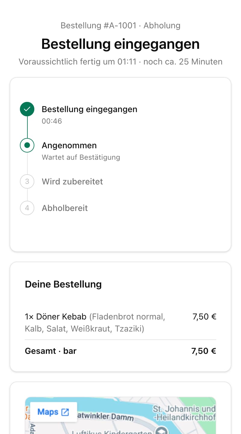 Statusseite des Gastes: angenommen, wird zubereitet, voraussichtlich fertig