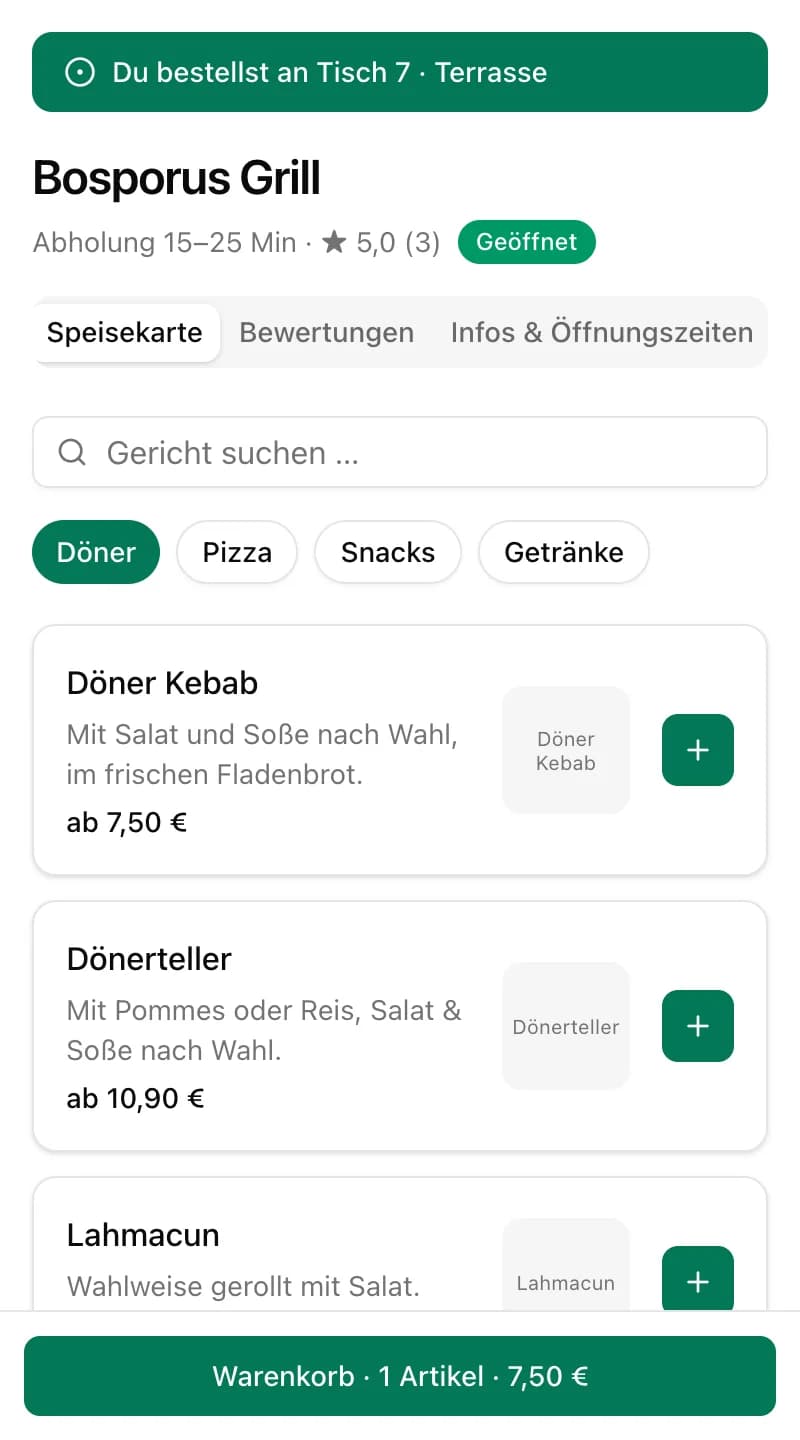 Bestellung am Tisch mit dem Hinweis Du bestellst an Tisch 7, Speisekarte und Warenkorb